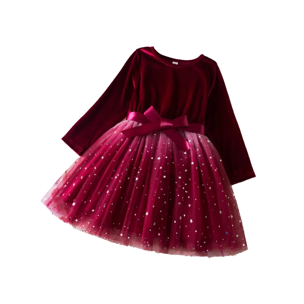 Ready To Ship New Girls Long-Sleeved Autumn Winter Velvet Dress Bow Sequin Princess Dress Kids for Christmas New Year