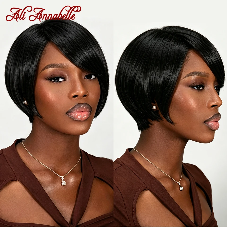 Short Pixie Cut Wig With Bang #1B Color, Human Hair