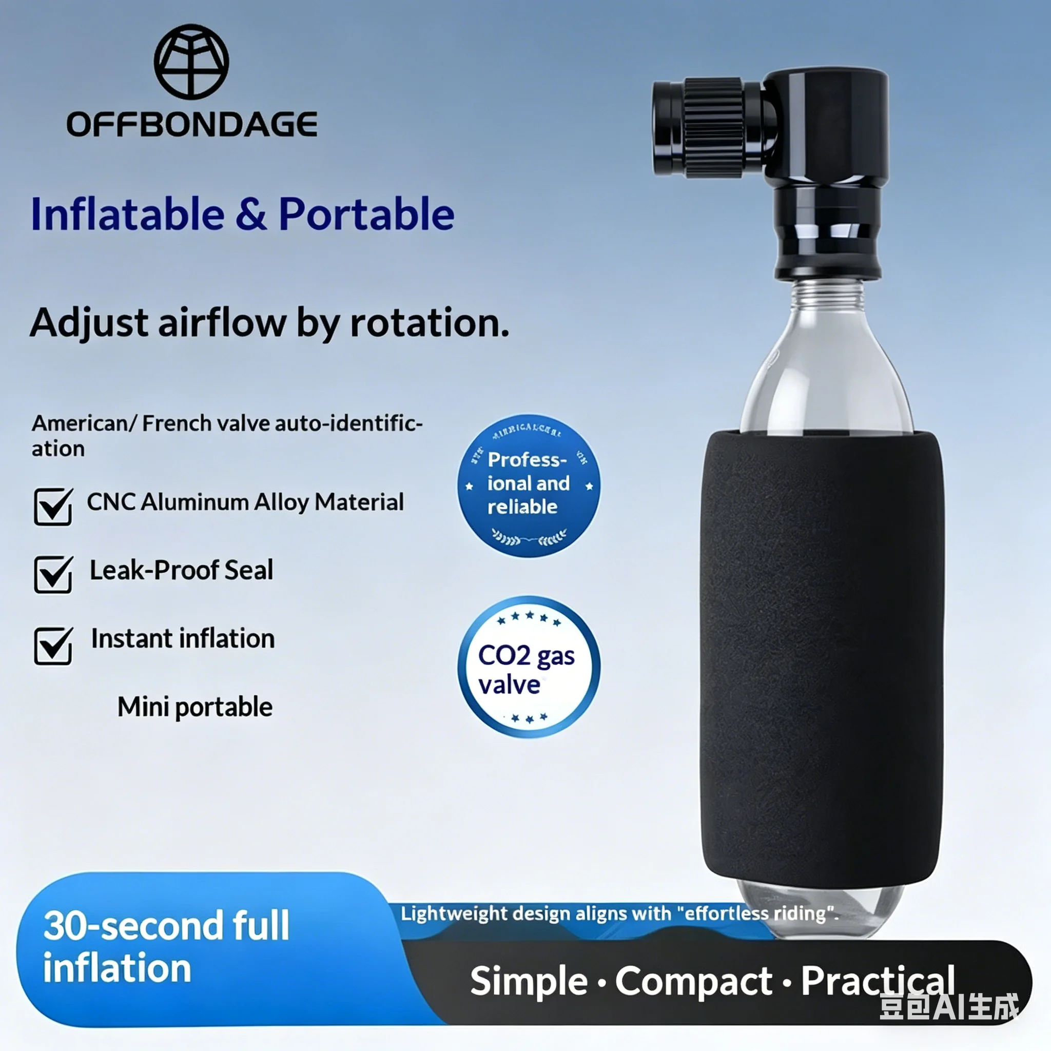 OFFBONDAGE Mini Bicycle CO2 Pump Portable Tire Inflator For Schrader Presta Adapter MTB Road Bike Aluminum Alloy Automatic Pump