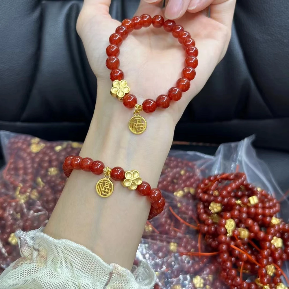 

Gold Plated Flower 8mm Natural Red Agate Lucky Beads Beaded Strand Bracelets for Women Female Jewelry Accessories Gifts YBR1048