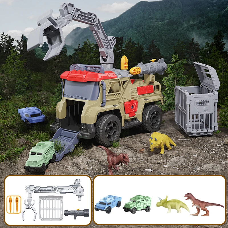 Multi-Functional Dinosaur Pursuit Vehicle Toy Set, Dino Capture Off-Road Truck with Crane, Launcher, Mini Cars & Dinosaur Figure