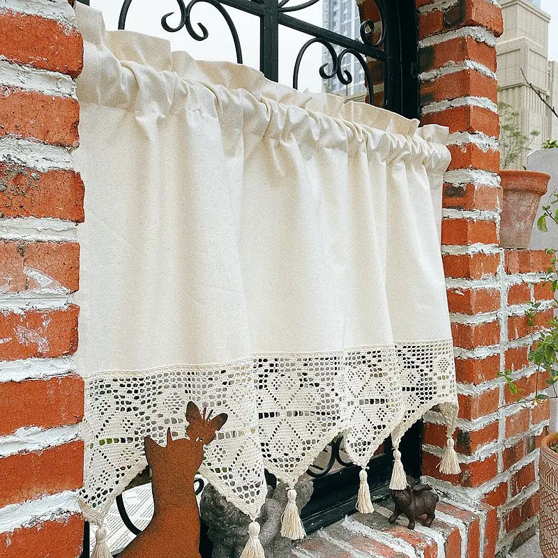 1PC Japanese-style Cotton Lace Hollow Stitching Short Curtains With Tassel Cabinet Curtain Cafe Curtains For Kitchen Living Room