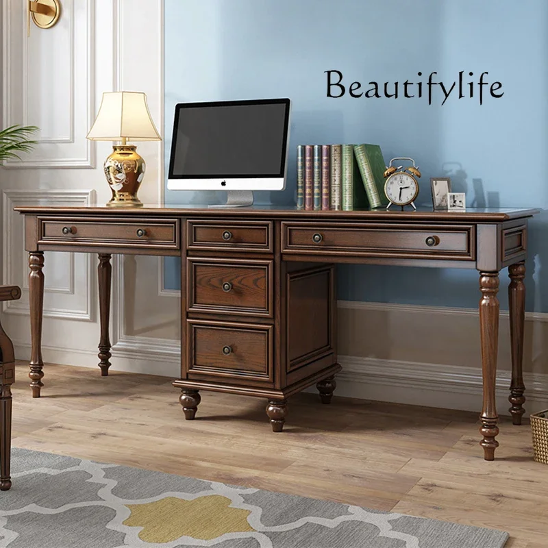 X40 Retro All Solid Wood Double Desk And Chair Combination Study Ash Wood Double Writing Computer Desk