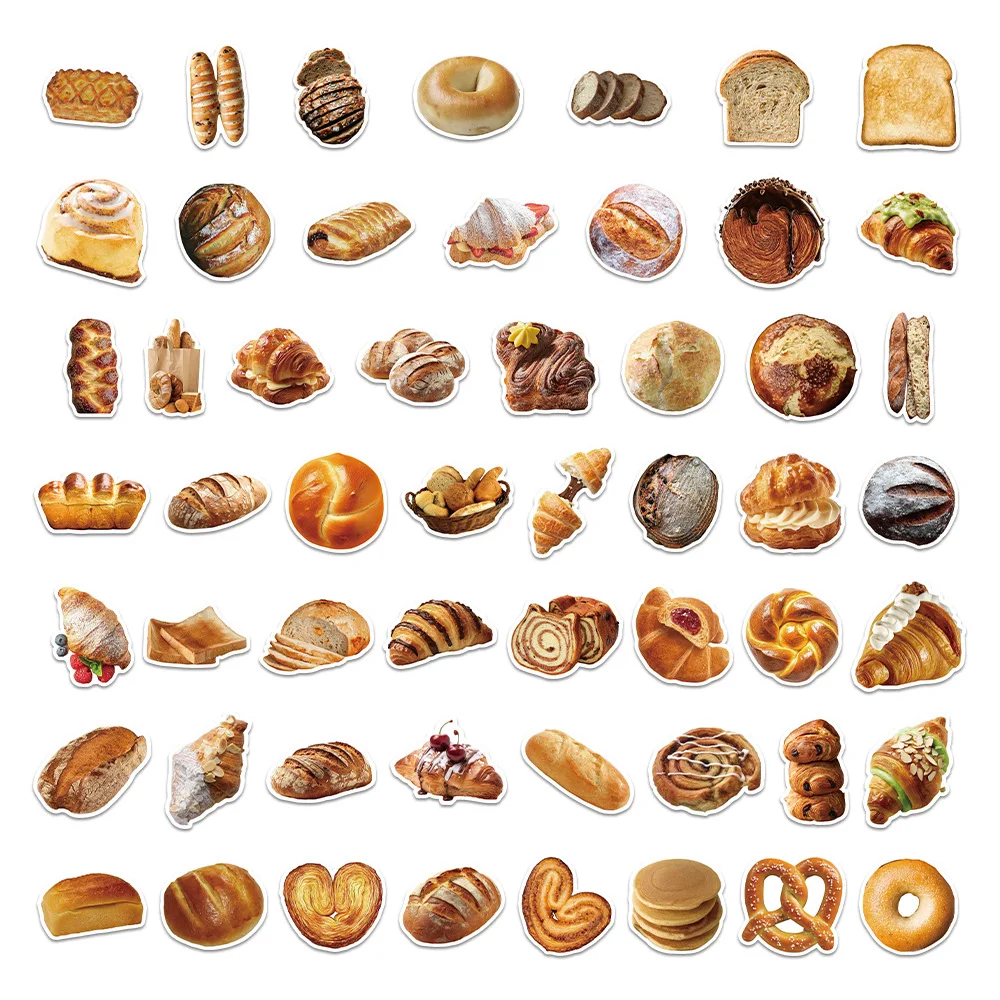54PCS Brot Toast Bagel Croissant Laugenbrezel Cartoon Dekorative Computer Skateboard Gitarre Wasserdichte Aufkleber Kinder Spielzeug