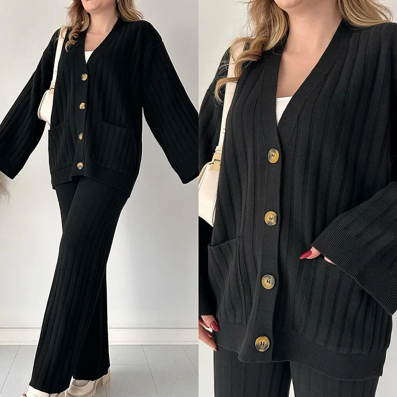 Autumn Winter Two Piece Pant Sets Women Knit Single Breasted Sweater Full Sleeve Cardigan Casual Straight Trousers Solid