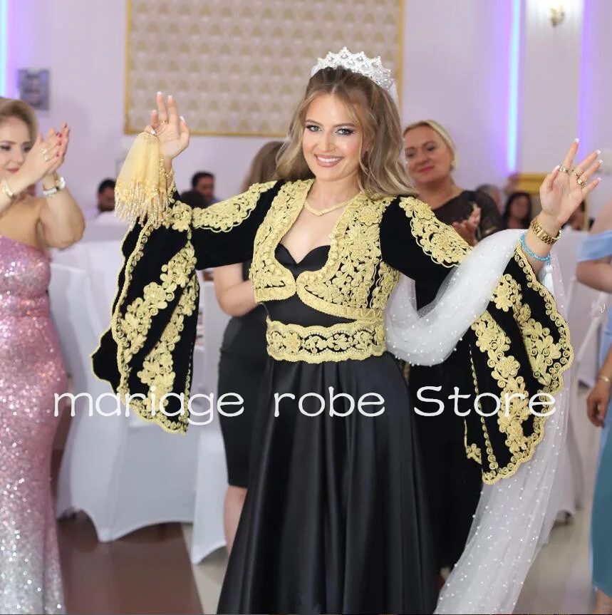 Czarna złota albańska suknia ślubna dla panny młodej dla kobiet dostosowana koronkowa aplikacja wróżka z długim rękawem arabska kaftanowa suknia ślubna Kosova