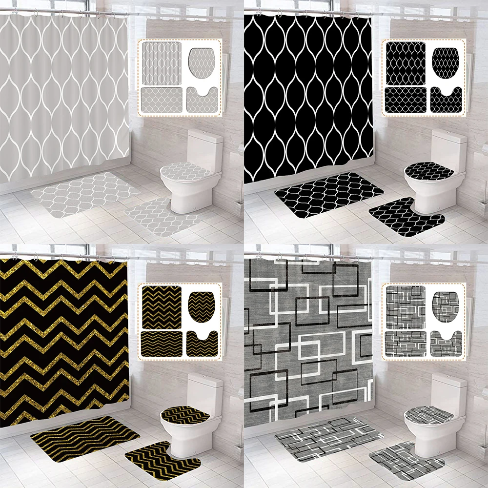 Gray Geometric Pattern Shower Curtain Sets Black and white Striped Toilet Lid Cover Bath Mat Non-Slip Rugs Modern Bathroom Decor