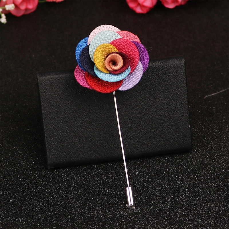 New Fashion Cloth Flower Brooch Men Artificial Camellia Flower Groomsmen Lapel Pins Handmade Floral Long Needle Suit Accessories