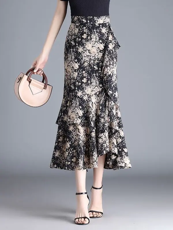 

Кружевная юбка с цветочным принтом, женская весенне-осенняя новая нерегулярная тонкая юбка-миди с фианитом, повседневная, приятная для кожи, дышащая, из полиэстера
