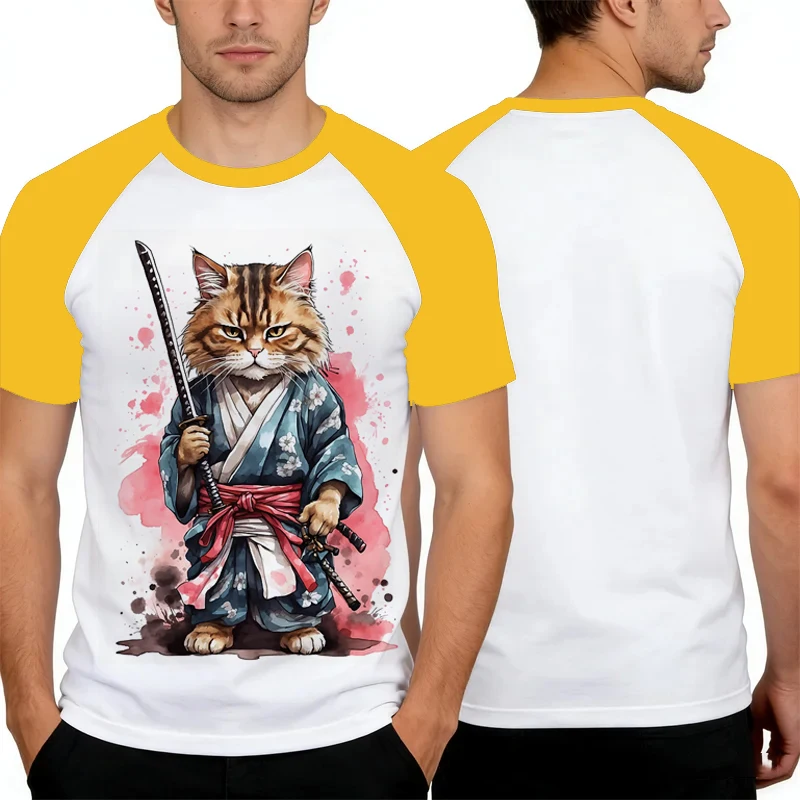Japanese Style Samurai Cat Graphic T Shirt For Men Causal 3D Printed O Neck Short Sleeve Tees Outdoor Oversize Men Clothing Tops