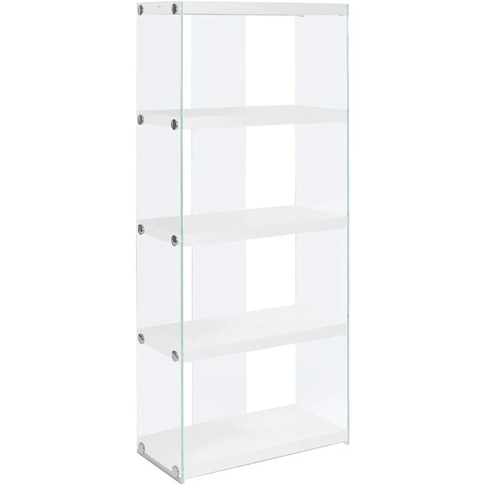 

Contemporary 5-Shelf Bookcase with Tempered Glass, 60" High, White