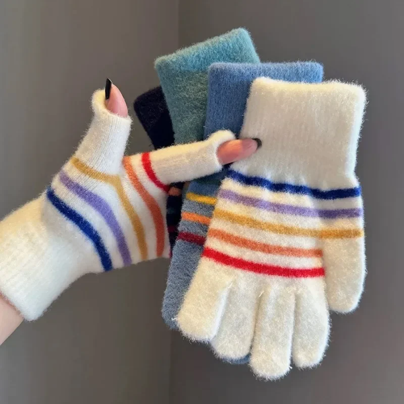 Rainbow Striped Knitted Gloves Winter Women Men Warm Soft Comfortable Gloves Cute Sweet Small Openings Gloves Fashion Accessory