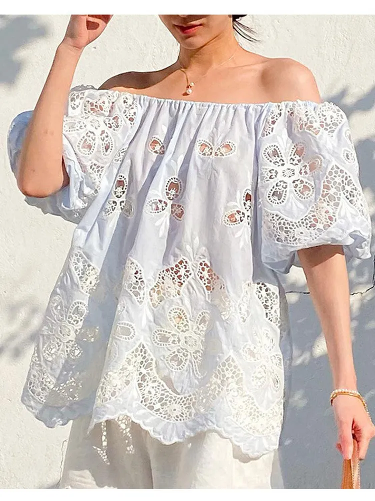 

Heavy Embroidery Lace Hollow out oulder Bubble Sve irt Women's Holiday Sle Cotton Blend Fabric round Ne ort Sve