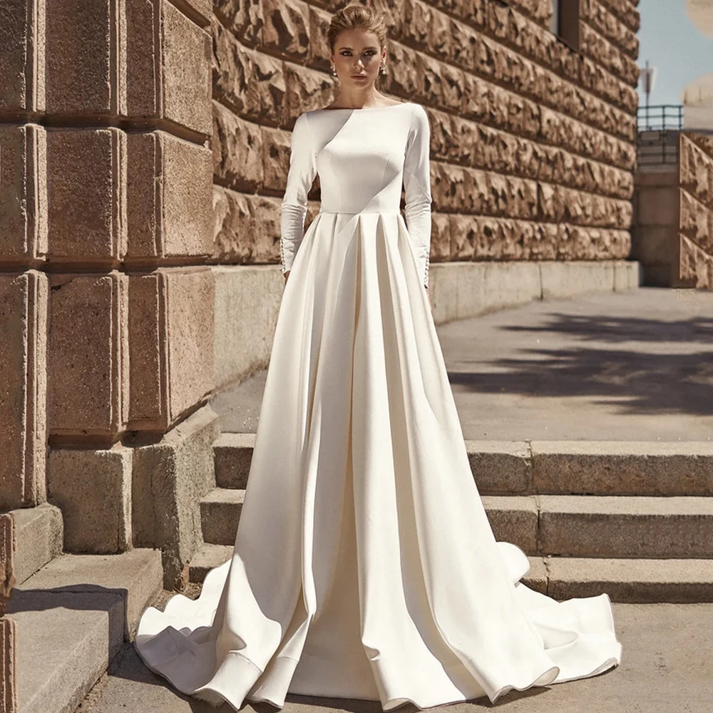 

Scoop Neck Long Sleeve Wedding Dress A-Line Satin Floor Length Formal Bridal Marriage Gowns Sexy Backless Sweep Train Dresses