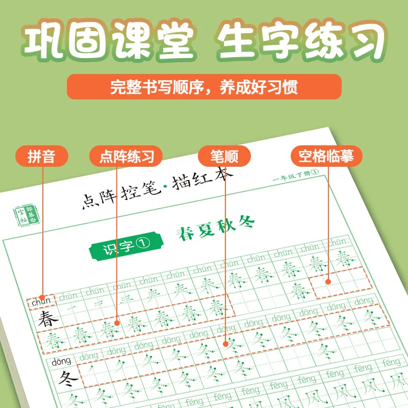 Primary School Students In Grades 1, 2, And 3, Volume 1 And Volume 2, Chinese Character Stroke Order, Dot Matrix, Red Stroke, An