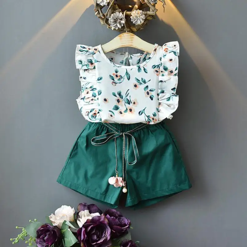 2026 Summer Girls Chiffon Cotton Floral T Shirt tops + Short Bottom Hot Pant Chiffon Teenager Children Set 2 3 4 5 6 7 8 10 Year