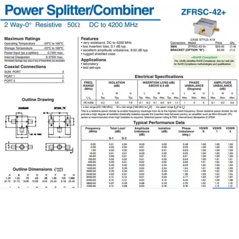 ZFRSC-42-S + Mini-Circuits DC-4200MHz 50OHm SMA RF микроволновый разделитель мощности 2-канальный широкополосный RF микроволновый коаксиальный