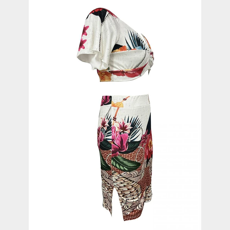 2025 Sexy Slim Fit Off Shoulder Top Printed Sexy Slit Hip Hugging Skirt Two-piece Set