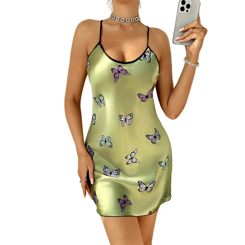 Ladies Sexy Sling Nightdress Artificial Silk  Butterfly Suspender Skirt Female Backless Pajamas