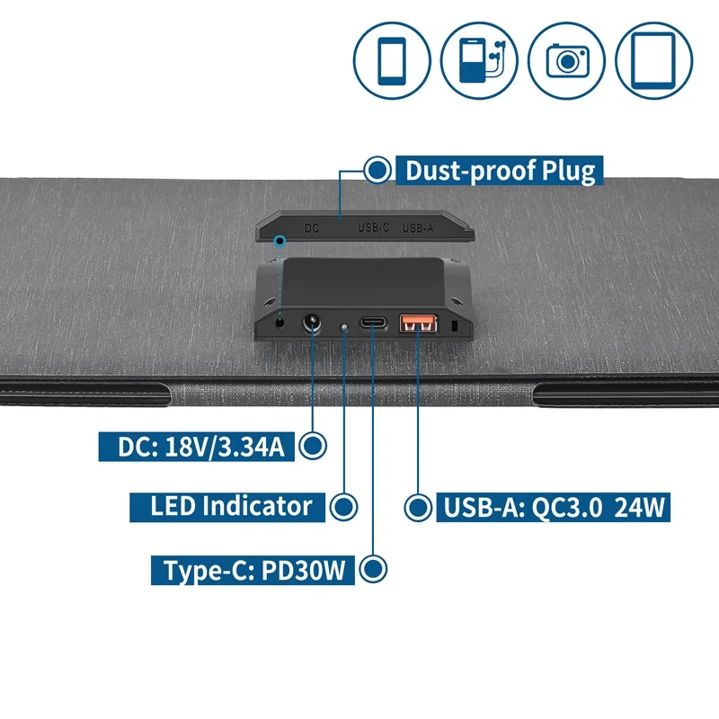 Carregador de painel solar dobrável leve 60W ETFE 23% de eficiência Carregador de telefone de carregamento rápido para viagens ao ar livre, caminhadas, acampamento