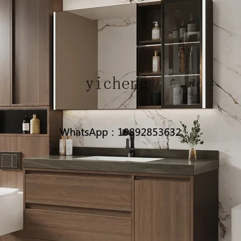 HYS Walnut Color Stone Plate Ceramic Whole Washbin Bathroom Cabinet Bathroom Table Wash Basin