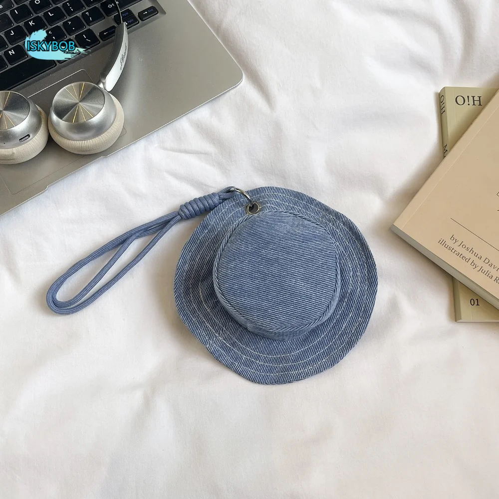 

Round Mini Bucket Hat Coin Purse Cute Lanyard Canvas Earphone Bag Mini Fisherman Hat Korean Style Denim Small Wallet