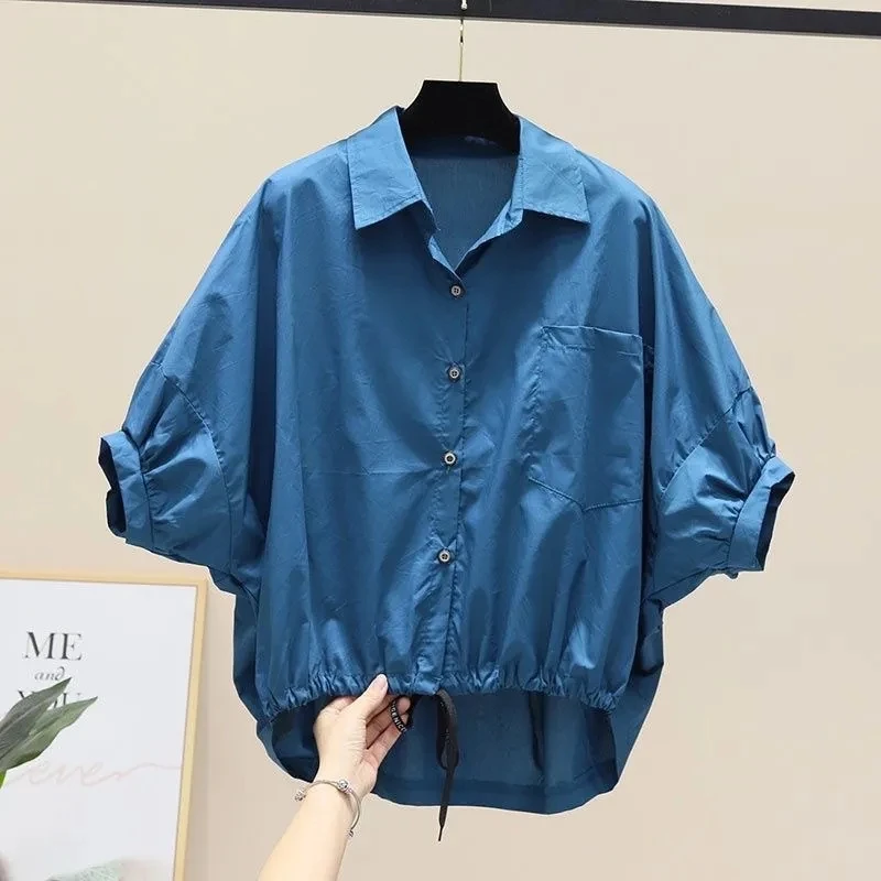 Design Batwing Sleeve Summer Blouses Big Size 3xl Thin Shirts Women Single Breasted Lapel Casual Blusas Drawstring Loose Tops