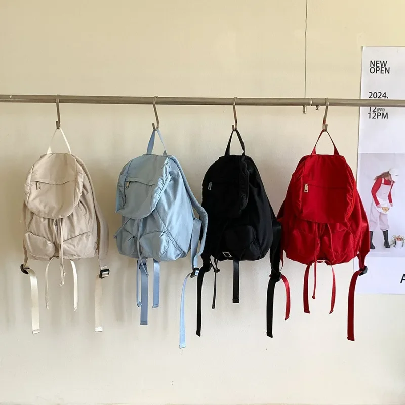 Bright Color Vigorous Backpack Women Student Large Capacity Ruched Nylon School Bag Solid Color Easy Designed Flap String Bag