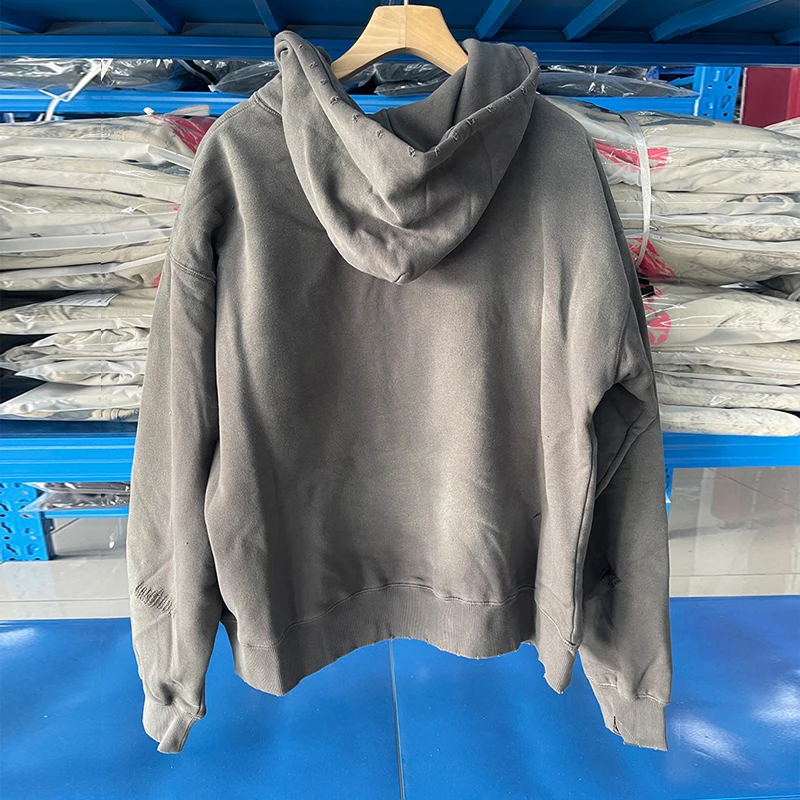 24FW Top Quality Cotton Oversized Saint Hoodie Men Women High Street Vintage Washed Gray Damaged Pullovers Hooded Inside Tags