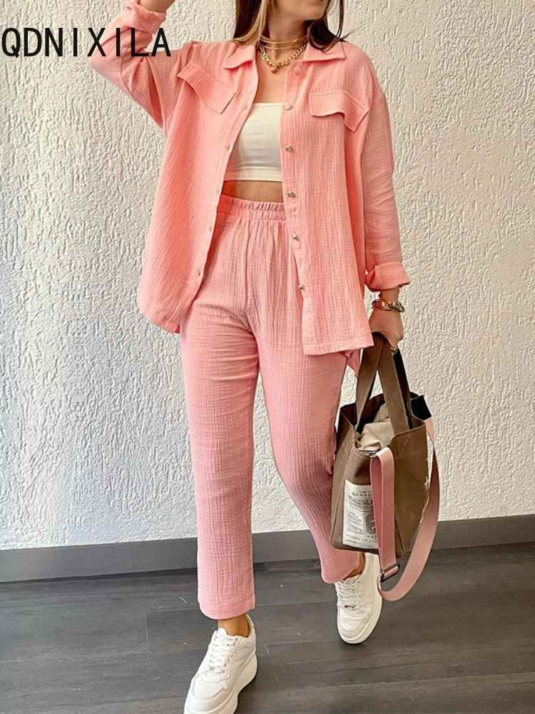 2 Piece Sets Womens Outfits Loose Fitting Long Sleeved Shirt Wide Leg Pant Sets Spring New Oversize Cardigan Casual Women Suits