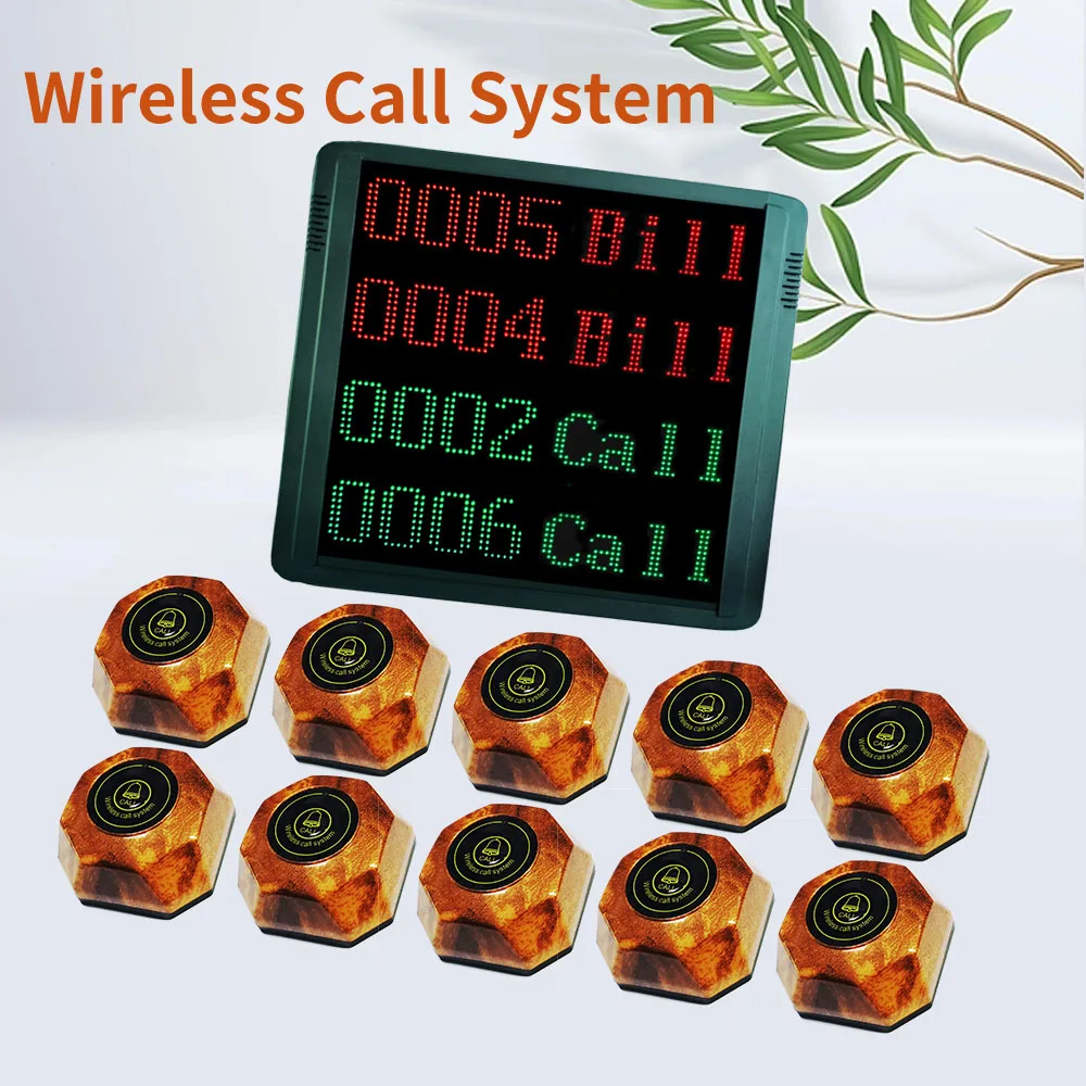 Wireless Calling System,Brown Call Button and 4-Digit Screen Guest Call Restaurant Waiter System