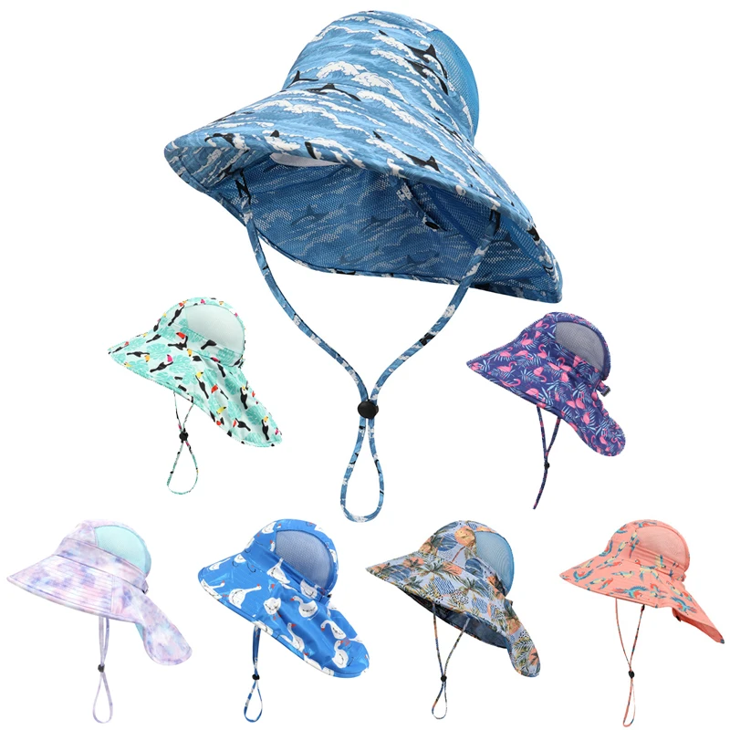 Spring and Summer Children's Large-brimmed Beach Hat Animal Print Sunscreen Breathable Neck Guard Outdoor Girls Boys Hat