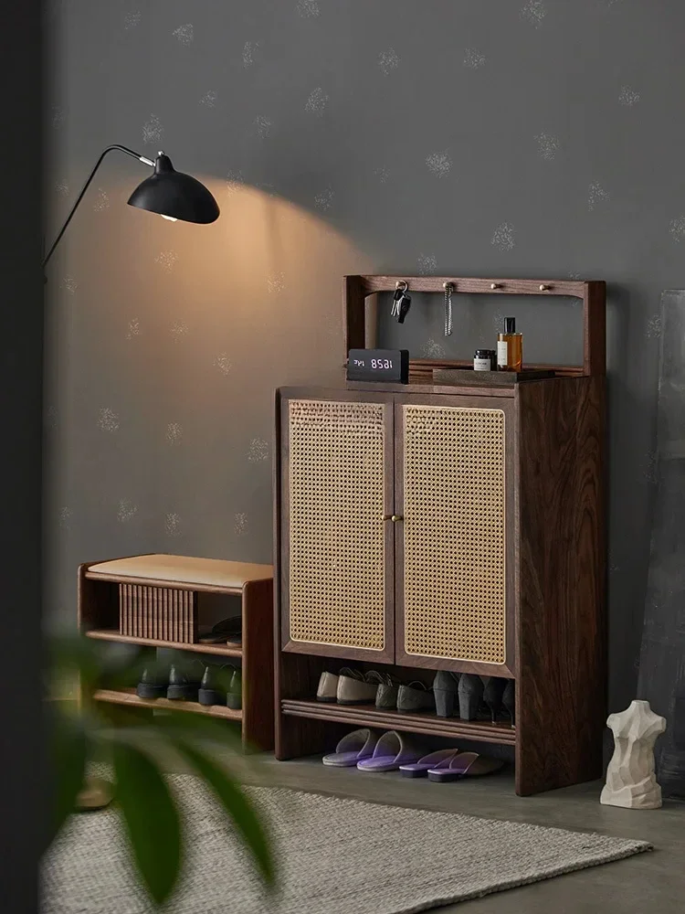 QQShoe Cabinet Home Doorway Solid Wood Large Capacity Home Entrance Cabinet Black Walnut Rattan Simple Shoe Rack Wall Locker