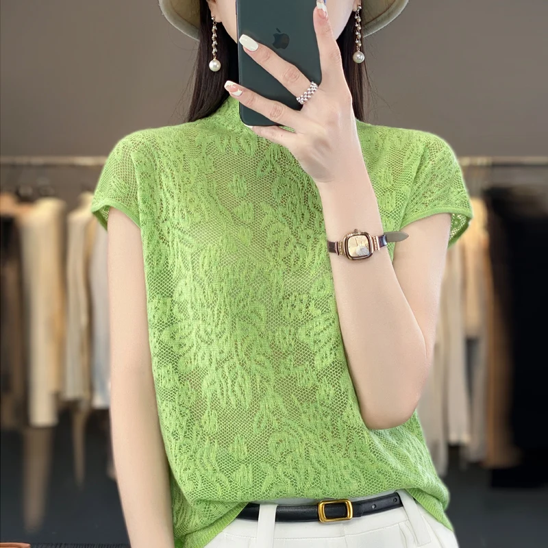 2023 Summer sexy Lace cashmere short sleeve women\'s thin breathable pullover cashmere fashion casual short sleeve