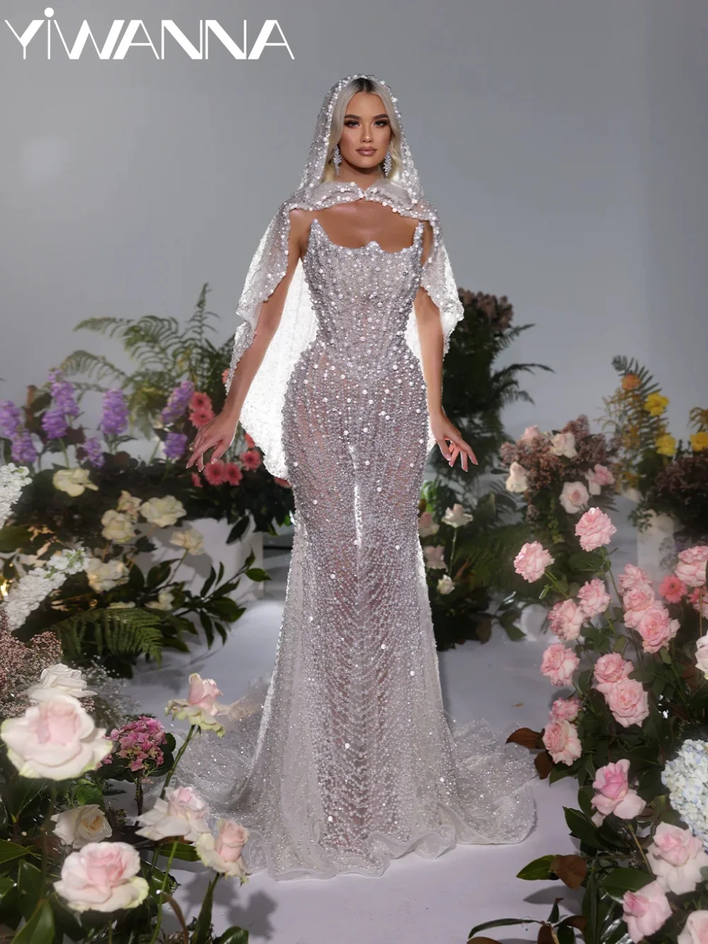 

Dazzling Exquisite Pearls Long Wedding Dress Illusion Strapless Mermaid Bridal Gown New Customized Elegant Dresses For Bride