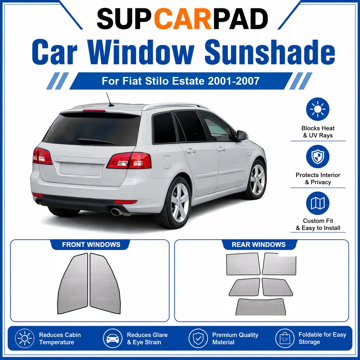 For Fiat - Fiat Stilo Estate 2001-2007 Full Set Car Window Sunshades UV Block Privacy Heat Insulated Foldable Car Curtain