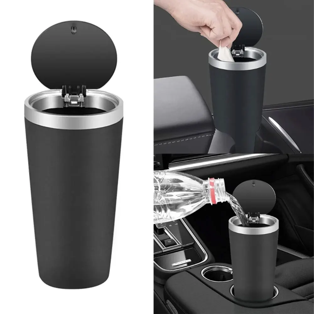 Car Trash Can Multifunction with Lid Small Cup Holder Door Pocket Garbage Can Bin Trash Container Fits Auto Home Office, Black