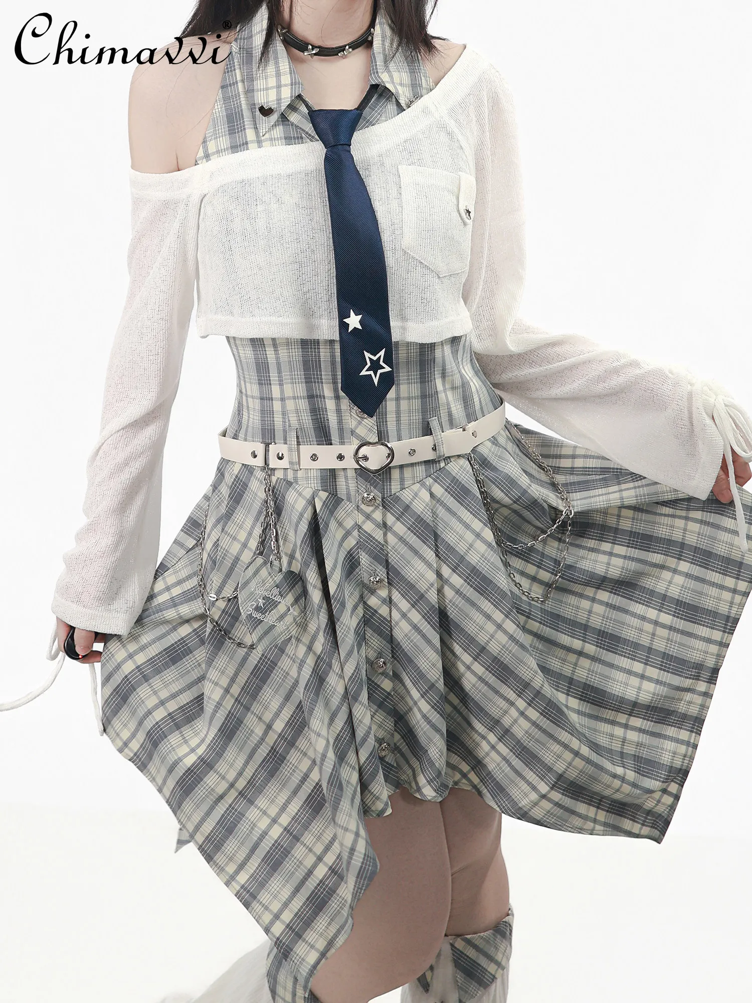 

Japanese Preppy Dress Set New Spring Summer Fashion Plaid Print Cinched Waist Dress and Off-the-shoulder Sun Protection Top