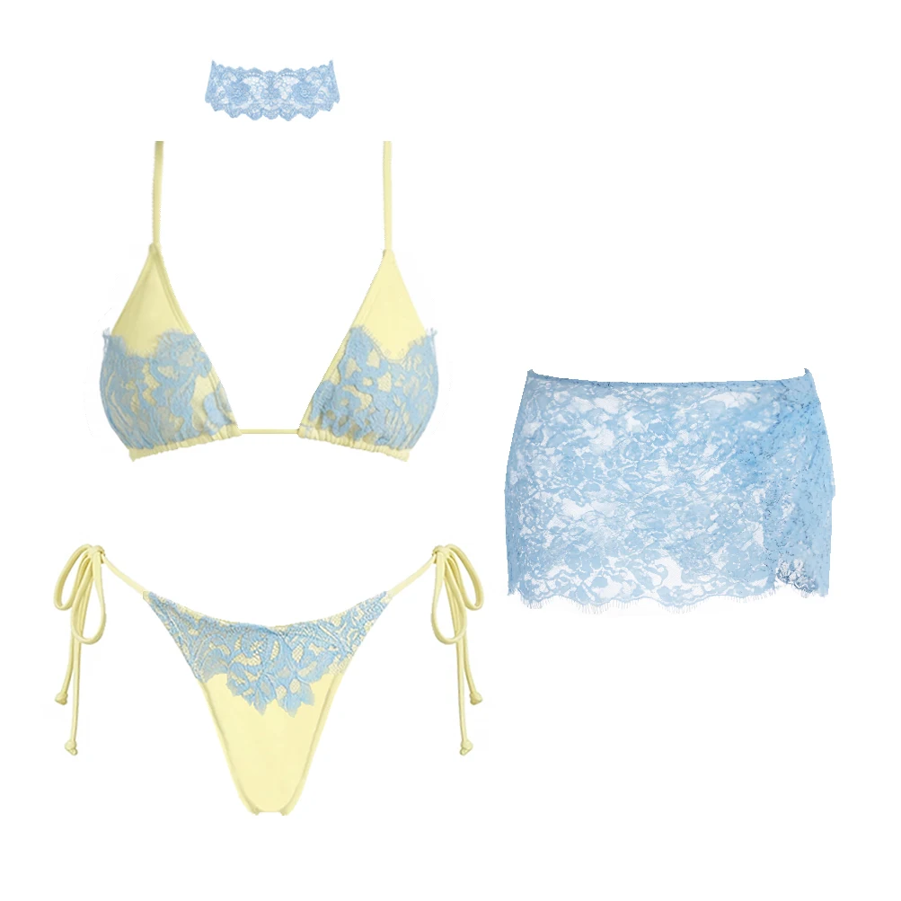 Lace 4Pcs Bikini Sexy Women Swimsuit Female Swimwear Micro Bikinis Bathingsuit Biquini Swim Suit Beachwear Mini Skirt Cover Up