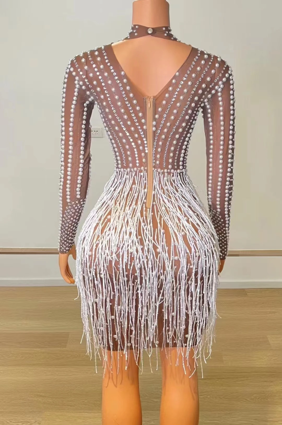 Sexy Transparent Stage Rhinestones Tassel Dress Women Singer Nightclub Mesh Dance Costume Birthday Party Catwalk Fringes Dresses