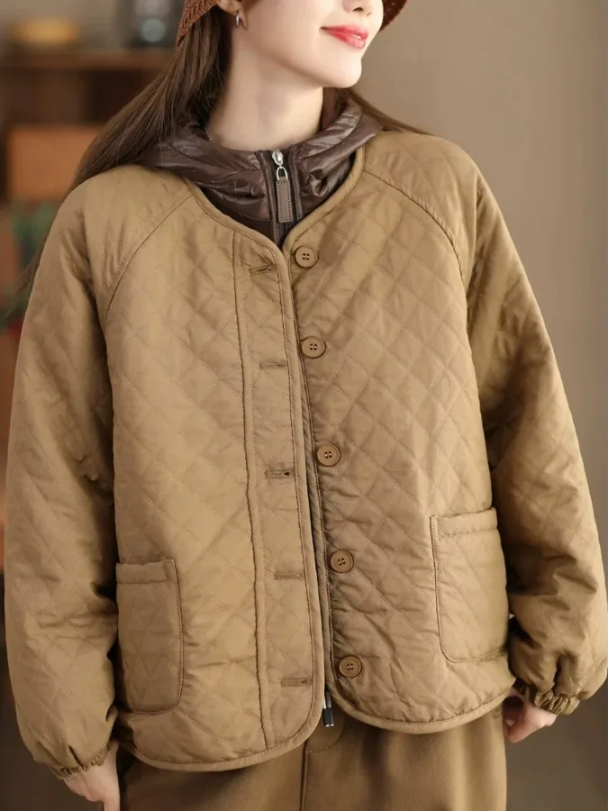 

Thiened Cotton Jaet oulder Pad Diamond Pattern Warm Coat Women's Clothing Brand Commute Sle Loose Fit Long Sve