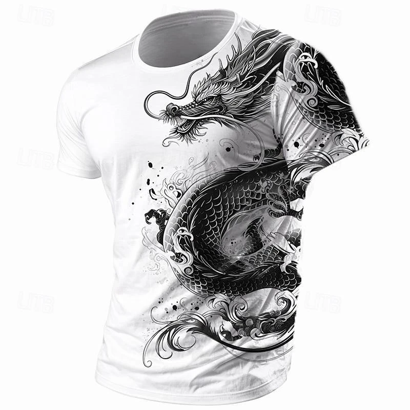 3D Print Dragon Pattern T-shirt Men Vintage Street Short Sleeve O Neck T Shirts Harajuku Trend Man Spring Fashion Trend New Tee