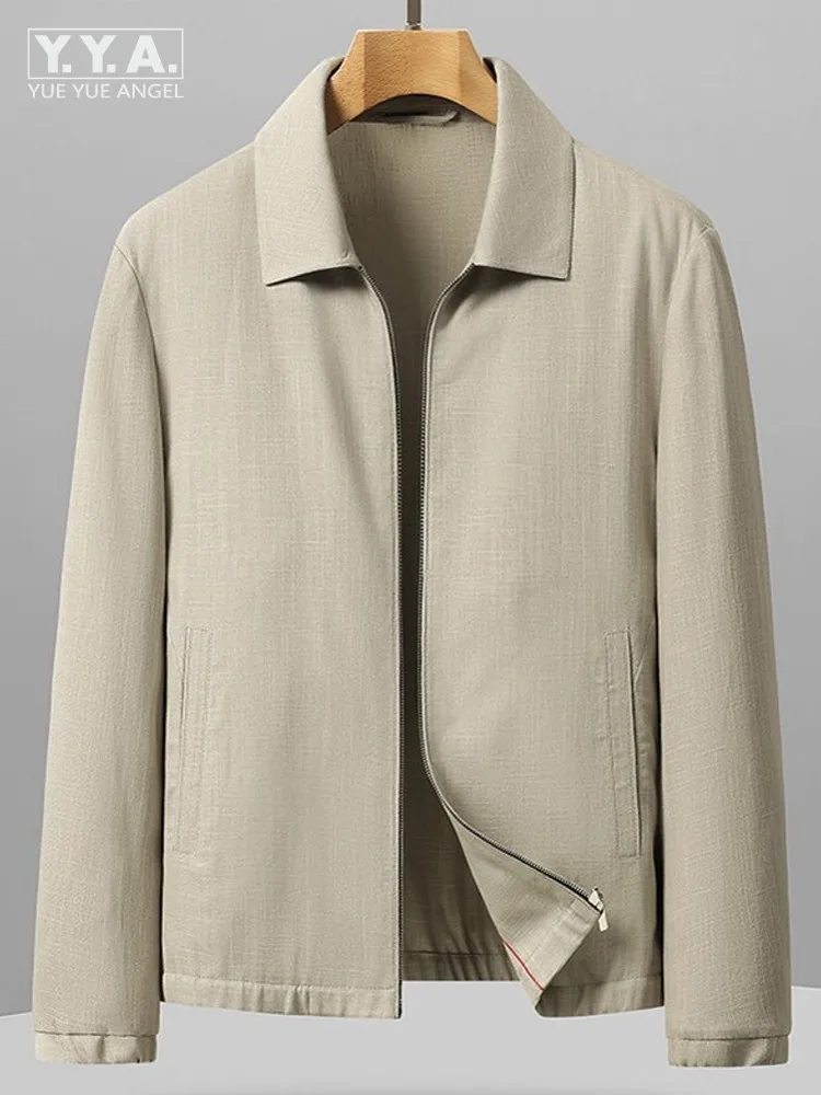 Spring Summer New Men Linen Turndown Collar Breathable Jacket Outerwear Solid Color Zipper Long Sleeve Business Casual Work Coat