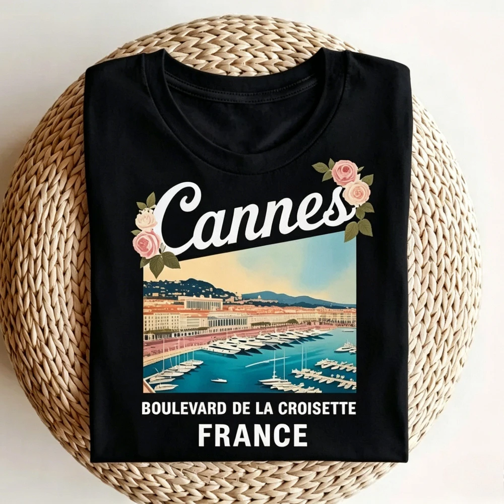 Vintage Cannes France T-Shirt French Riviera Travel Souvenir Clothing Modern and Trendy Summer Women Casual Cotton Short Sleeve