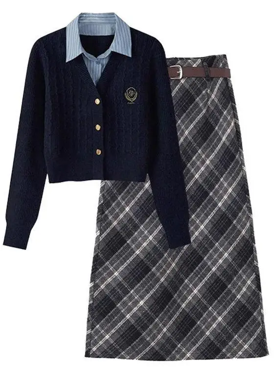 

Autumn College Sle plus Size Women's Faion Set High Waist Plaid Skirt Knitted Sweater Two Piece Set Korean Version