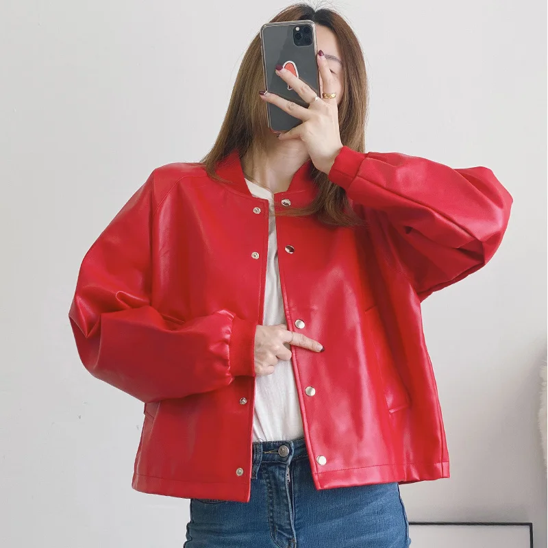 Jaket Musim Gugur Wanita Wanita Kasual Kulit Pu Lengan Panjang Mantel Merah Hitam untuk Anak Perempuan Streetwear Jaket Kulit Imitasi Pakaian Luar