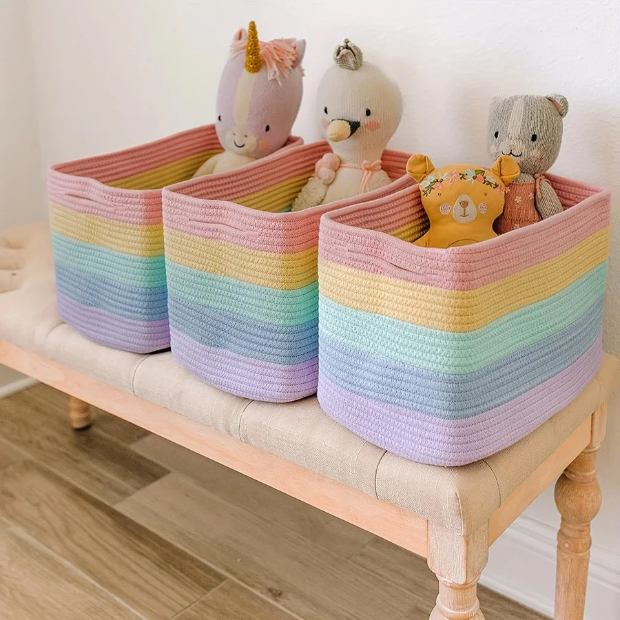 Rope Rainbow Storage Baskets for Shelves - Rainbow Baskets for Pastel Classroom Decor - Basket for Pastel Room Decor