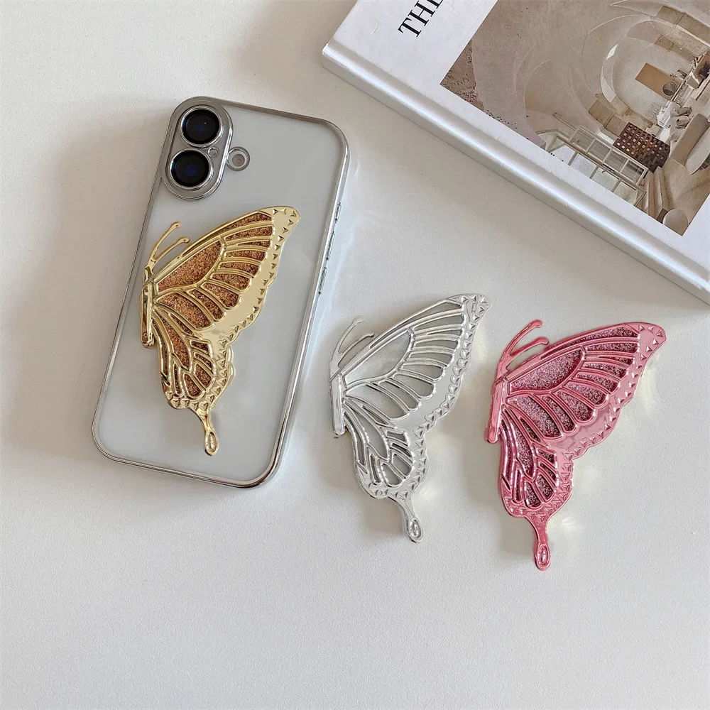 Luxury Butterfly Finger Ring Mobile Phone Holder Glitter Shockproof Full Protect Case Accessories Foldable Support For iPhone 15