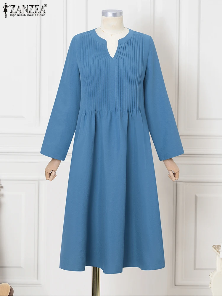 2025 ZANZEA Donna Elegante Scollo a V Abiti a maniche lunghe Autunno Ufficio Vestito estivo Solido Abito allentato Una linea Midi Robe Abiti a pieghe