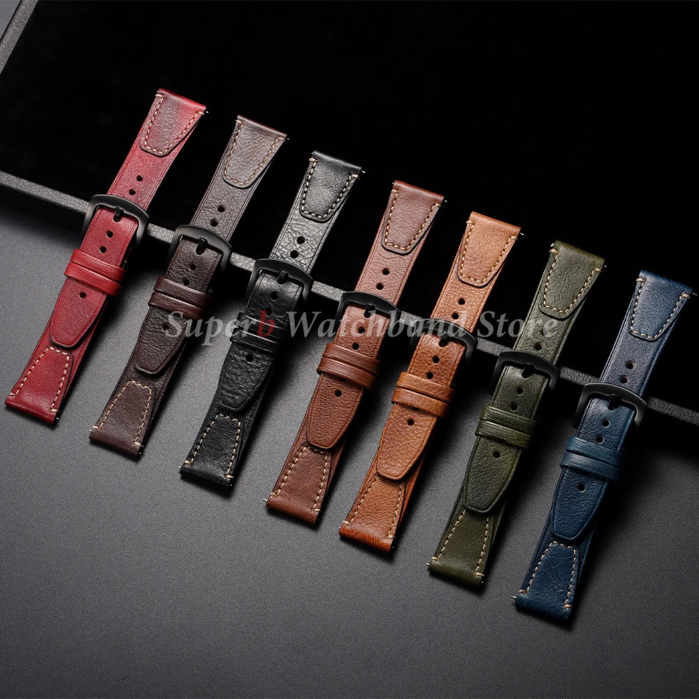 Retro pulseira de couro genuíno para seiko 18mm 20mm 22mm costura pulseiras de relógio para omega masculino feminino pulseira de liberação rápida